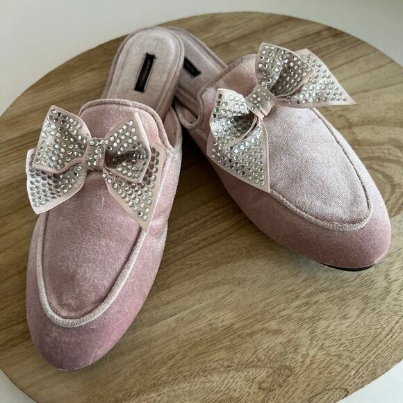 VS Y2K Pink Velour Velvet Bow Sequin Embellished Almond Toe Mules - 7 - Picture 10 of 10